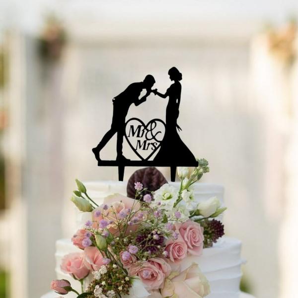 Silhouette Groom Kissing Bride’s Hand Mr And Mrs Cake Topper  |   Bride To Be