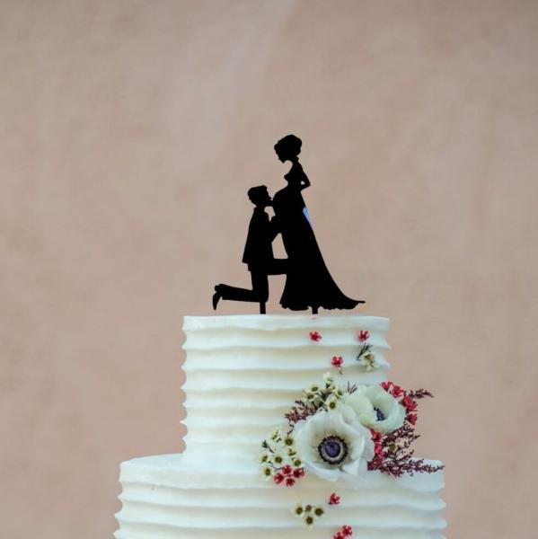 Silhouette Groom Kissing Pregnant Bride Cake Topper  |   Bride To Be