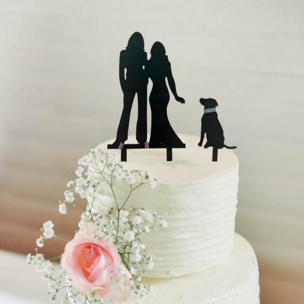 Silhouette Two Brides Holding Hand & A Dog Cake Topper  |   Bride To Be