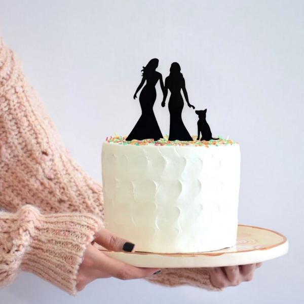 Silhouette Two Brides Holding Hand & Dog Cake Topper  |   Bride To Be