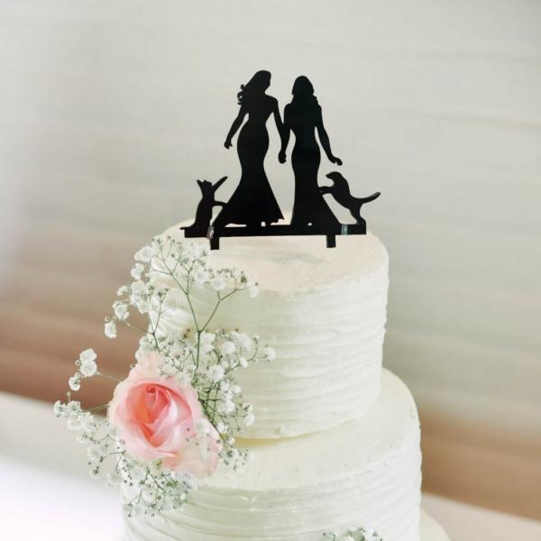 Silhouette Two Brides With Cat And Dog Cake Topper  |   Bride To Be