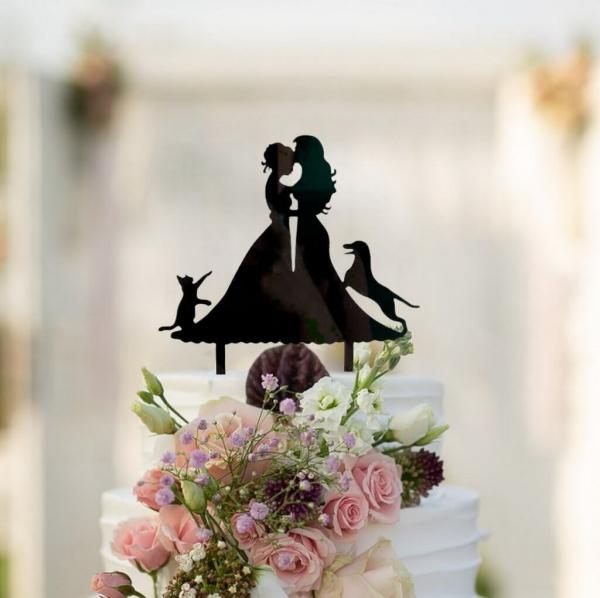 Silhouette Two Brides With Cat And Dog Cake Topper  |   Engagement