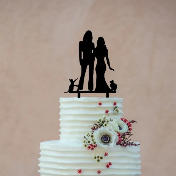 Silhouette Two Brides With Cats Cake Topper  |   Wedding