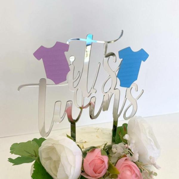 Silver Acrylic ‘It’s Twins’ Pink & Blue Onesie Cake Topper  |   Birthday