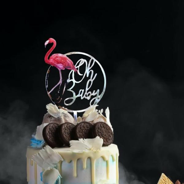 Silver Acrylic ‘Oh Baby’ Flamingo Loop Cake Topper  |   Baby Shower