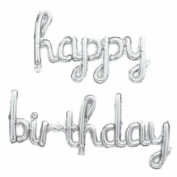 Silver ‘Happy Birthday’ Script Balloon Banner Set  |   Foil Balloon Phrases