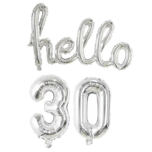 Silver ‘Hello 30’ Birthday Foil Balloon Banner  |   Party Banners