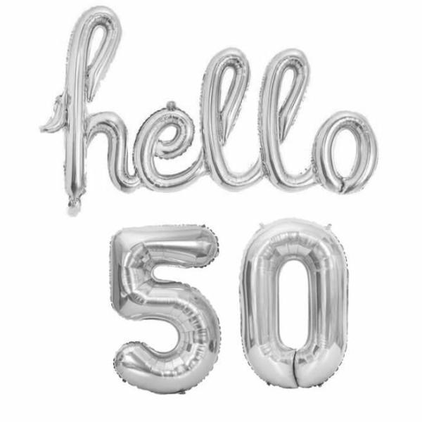 Silver ‘Hello 50’ Birthday Foil Balloon Banner  |   Party Banners