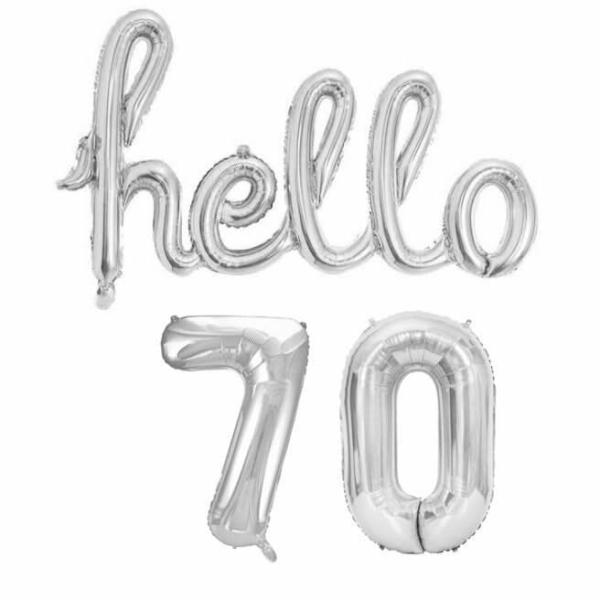 Silver ‘Hello 70’ Birthday Foil Balloon Banner  |   Party Banners