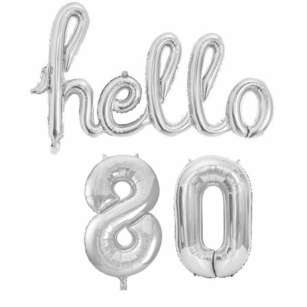 Silver ‘Hello 80’ Birthday Foil Balloon Banner  |   Party Banners