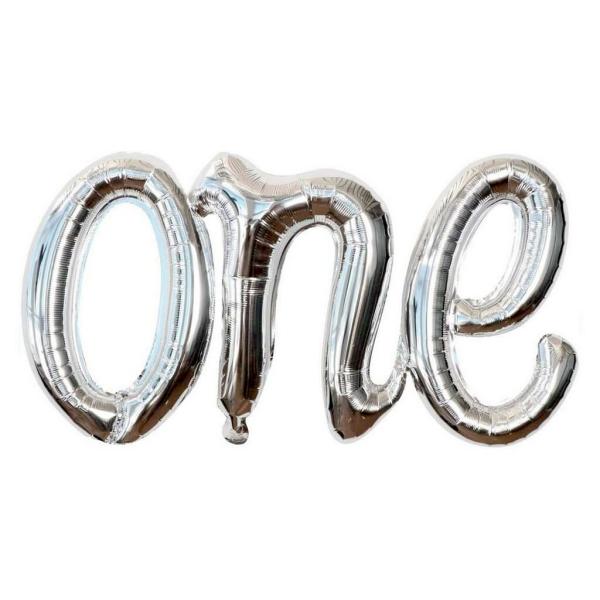 Silver ‘One’ Script First Birthday Party Foil Balloon  |   Party Banners