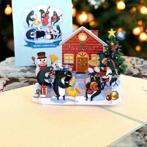 Snowman & Penguin Rockin’ Around Christmas Tree 3D Card  |   Christmas