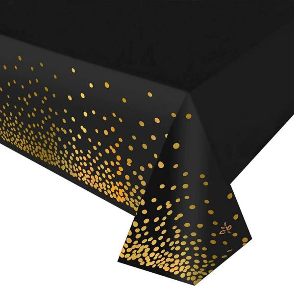 Soft Plastic Rectangular Gold Confetti Dot Black Table Cover  |   Table Covers