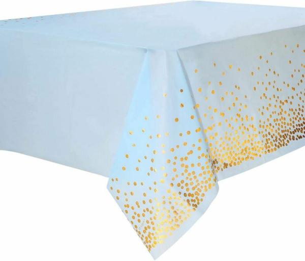 Soft Plastic Rectangular Gold Confetti Dot Blue Table Cover  |   Table Covers