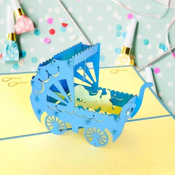 Vintage Blue Baby Pram Pop Card  |   New Baby