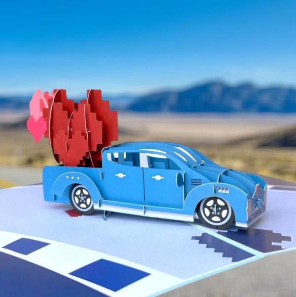 Vintage Blue Car With Love Heart Balloons 3D Pop Up Card  |   Anniversary