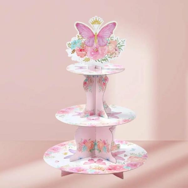 Watercolour Pink Floral Butterfly 3 Tier Cake Stand  |   Cake Stands