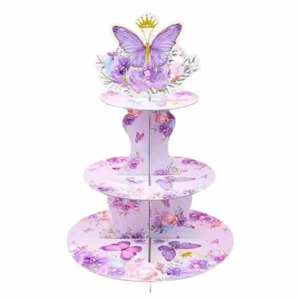 Watercolour Purple Floral Butterfly 3 Tier Cake Stand  |   Cake Stands