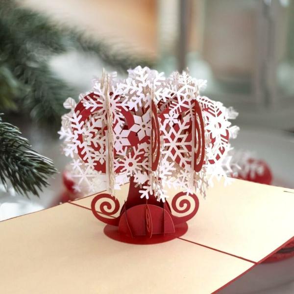 White Red Christmas Snowflake Tree Pop Up Card – Red Cover  |   Christmas