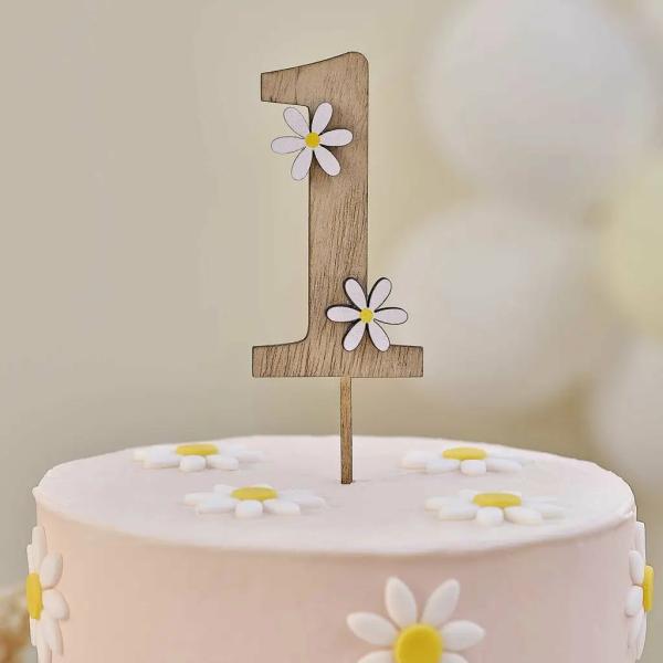 Wooden 1St Birthday Cake Topper With Daisies  |   First Birthday