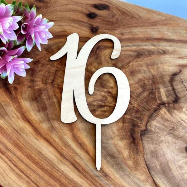 Wooden Age 16 Birthday Cake Topper  |   Numbers