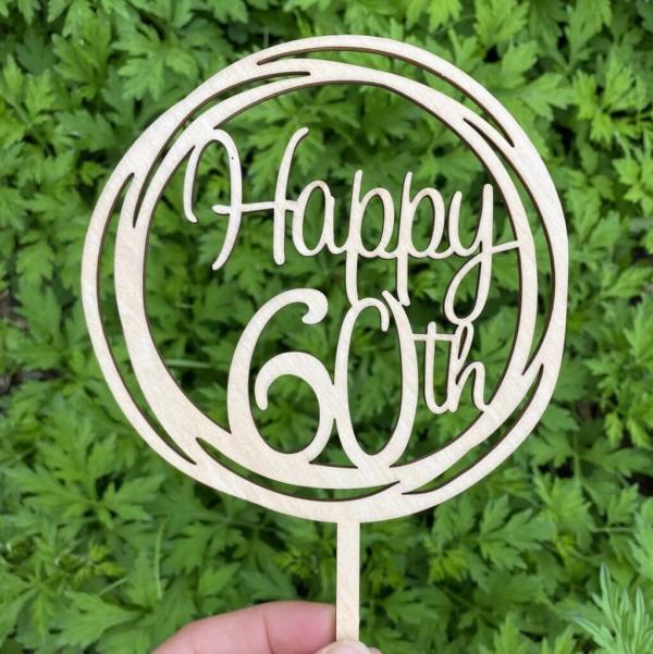 Wooden Geometric ‘Happy 60Th’ Cake Topper  |   Birthday