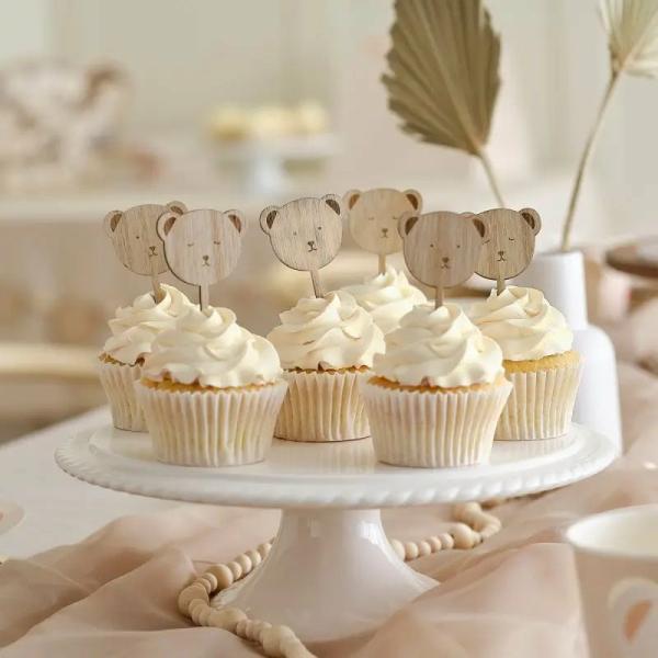 Wooden Teddy Bear Baby Shower Cupcake Toppers 6Pk  |   Cupcake Picks