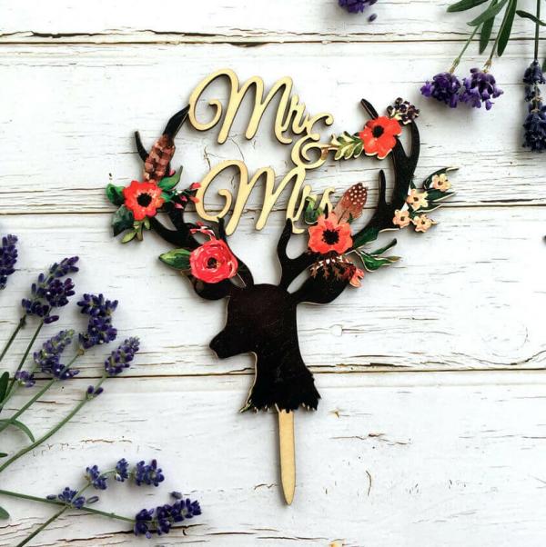 Wooden Vintage ‘Mr & Mrs’ Floral Antler Cake Topper  |   Wedding