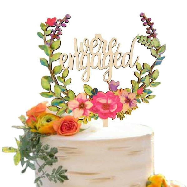 Wooden ‘We’Re Engaged’ Floral Wreath Cake Topper  |   Engagement