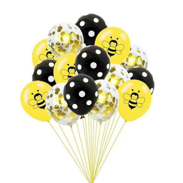 Yellow Bumble Bee Latex Balloon Bouquet 15Pk – Black Dots & Gold Confetti  |   Printed Balloons