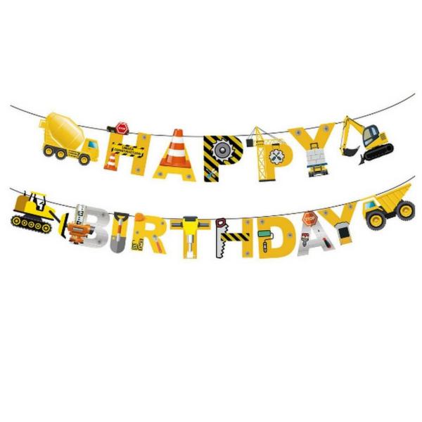 Yellow Construction Vehicle ‘Happy Birthday’ Banner  |   Party Banners