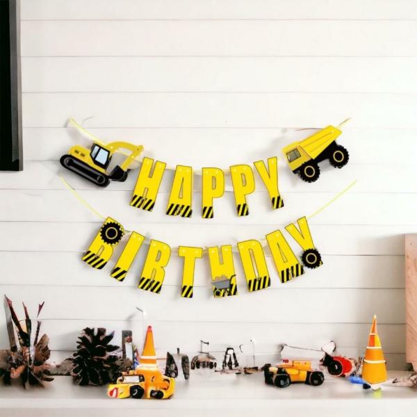 Yellow Excavator & Dumper Truck ‘Happy Birthday’ Bunting  |   Party Banners