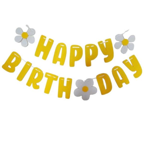 Yellow Happy Birthday With White Daisy Flower Felt Banner  |   Party Banners