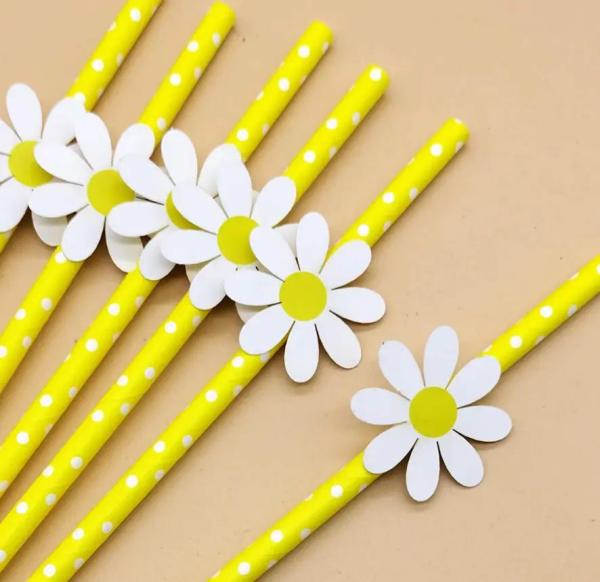 Yellow Polka Dot White Daisy Paper Straws 10Pk  |   Drinking Straws