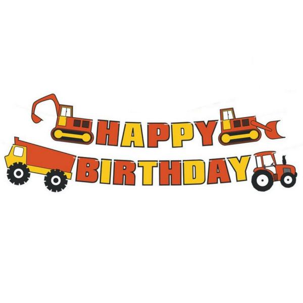 Orange Construction Themed Happy Birthday Paper Banner  |   Party Banners