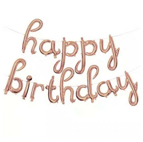 Rose Gold ‘Happy Birthday’ Script Letter Balloons  |   Party Banners