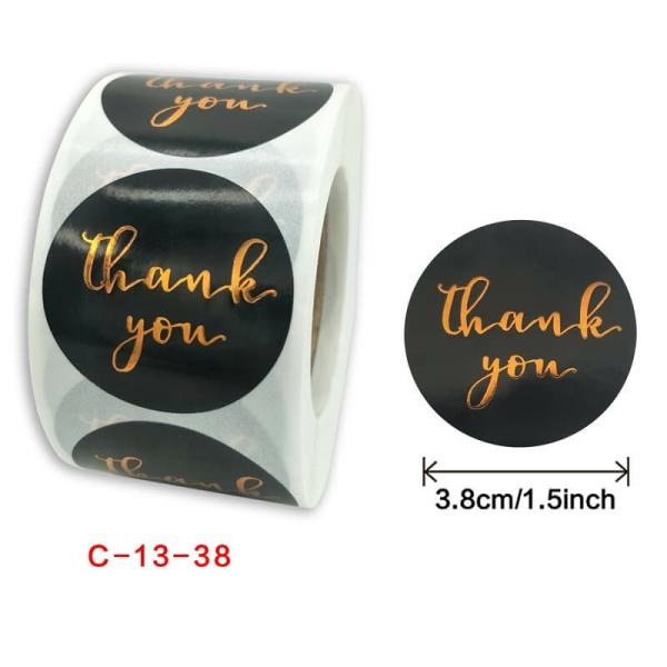 3.8Cm Round Black Thank You Gold Print Stickers 50Pk  |   Thank You Stickers