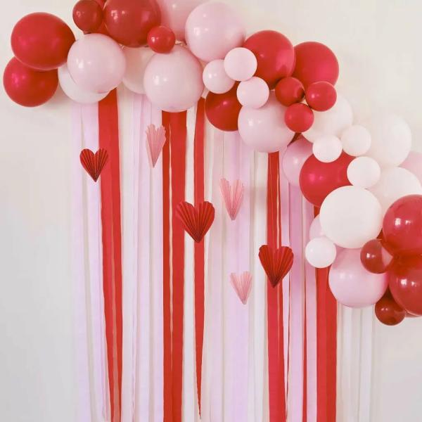 Pink & Red Balloon Arch Backdrop With Streamers & Paper Heart  |   Balloon Bouquets