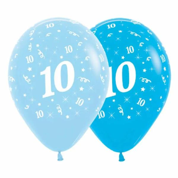 30Cm Age 10 Blue & Royal Blue Latex Balloons 6Pk  |   Printed Balloons