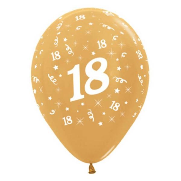 30Cm Age 18 Metallic Gold Latex Balloons 6Pk  |   Printed Balloons