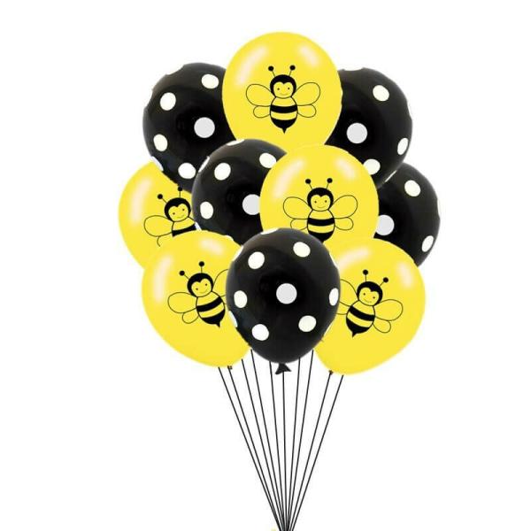 Yellow Bumble Bee & Black Polka Dot Latex Balloon Bouquet 10Pk  |   Printed Balloons