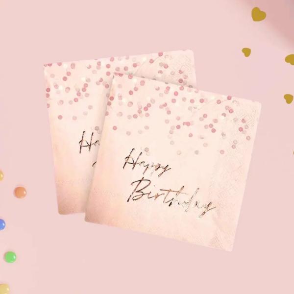 Blush Pink Polka Happy Birthday Paper Napkins 20Pk  |   Party Napkins