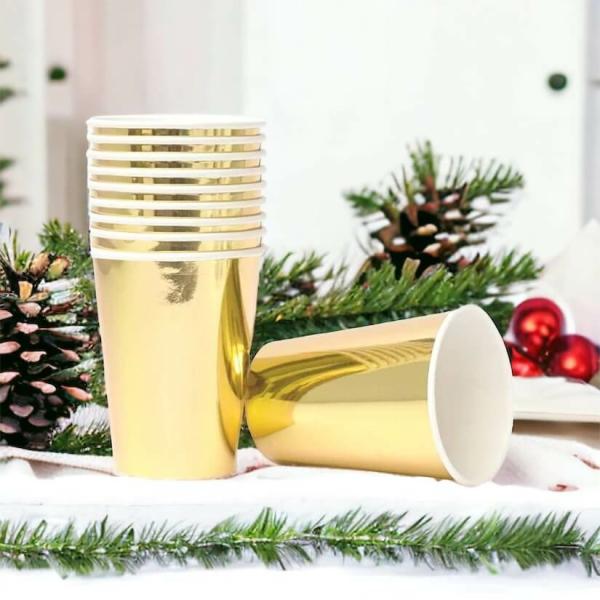 Golden Foil Paper Cups 266Ml 6Pk  |   Party Cups