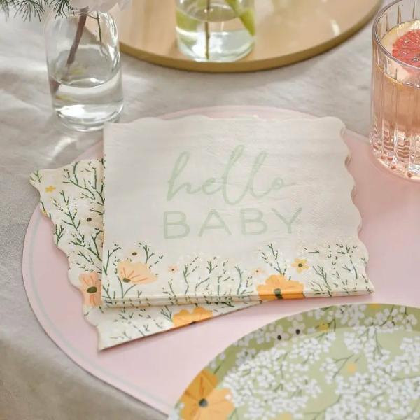 Hello Baby Floral Baby Shower Napkins 16Pk  |   Party Napkins