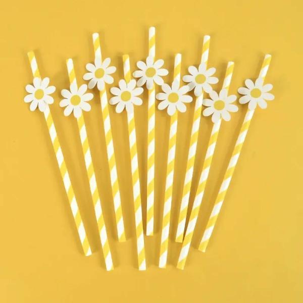 Yellow Striped White Daisy Paper Straws 10Pk  |   Drinking Straws